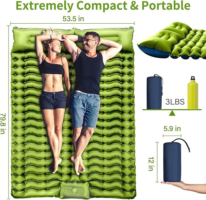 Almohadilla de dormir doble autoinflable de 4 pulgadas extra gruesa para 2 personas con almohada integrada con bomba de pie hinchable