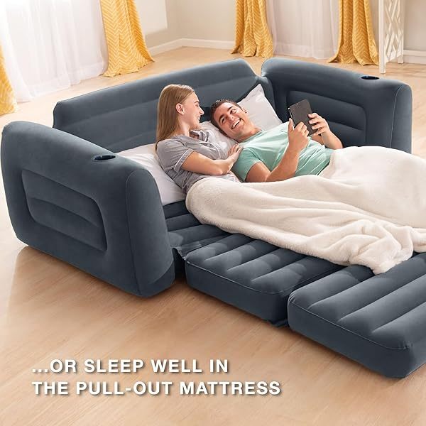 Sofá inflable extraíble: portavasos incorporado, superficie aterciopelada, válvula 2 en 1, se pliega de manera compacta, tamaño Queen de 46" x 88" x 26"