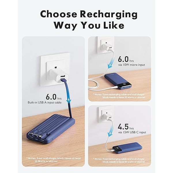 Portable Charger with Built in Cables, Portable Charger with Cords Wires Slim 10000mAh Travel Essentials Battery Pack 6 Outputs 3A High Speed Power Bank for iPhone Samsung Pixel LG Moto iPad A-Black