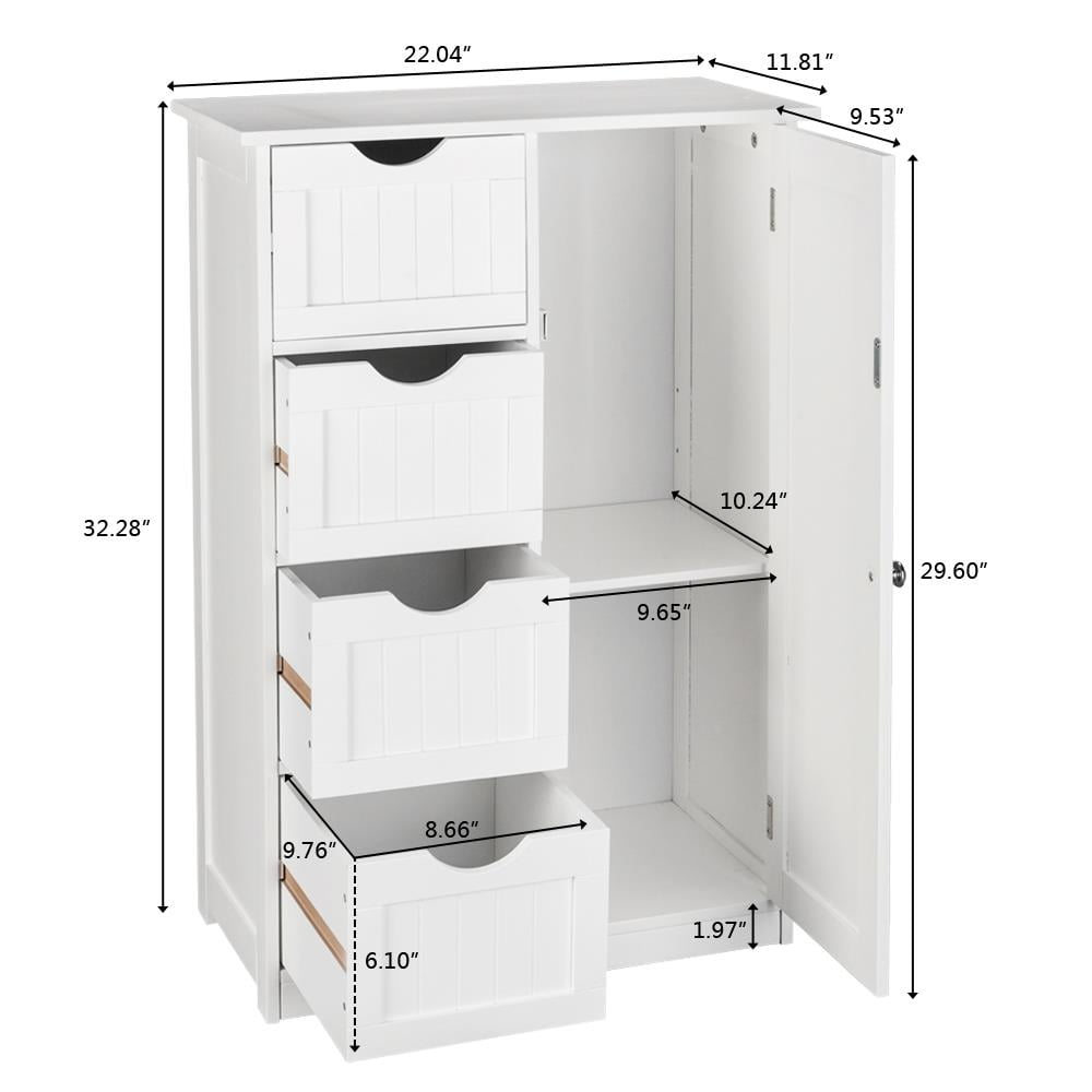 Mueble de baño de madera, organizador de almacenamiento lateral con 4 cajones, 1 armario y 2 estantes, color blanco