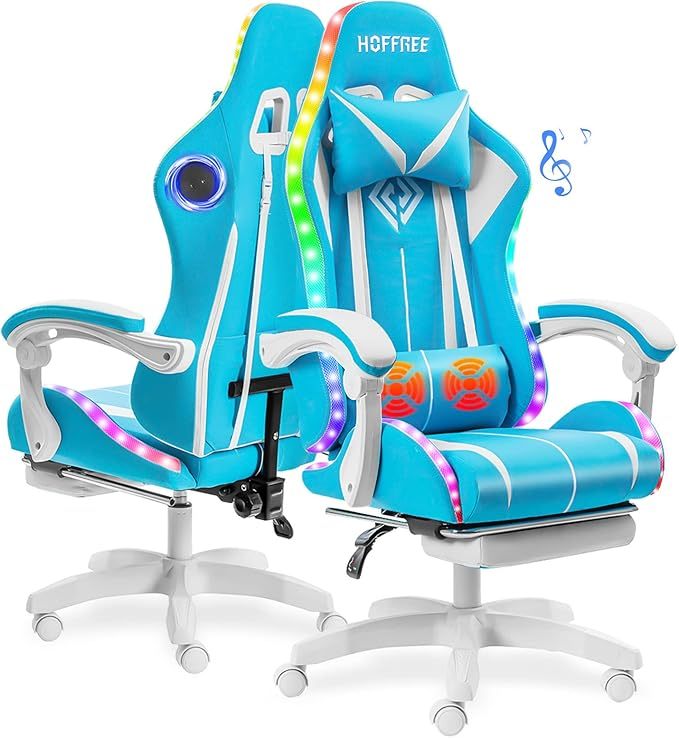 Silla para Juegos con Altavoces Bluetooth y Luces LED RGB, Silla ergonómica de Videojuegos de Masaje con reposapiés de Respaldo Alto con Soporte Lumbar Azul y Negro