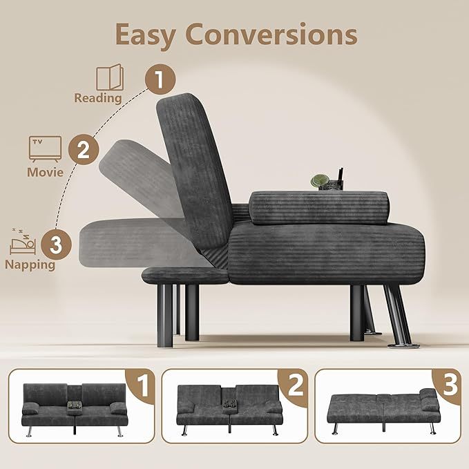 Futón sofá cama, sofá plegable de pana ajustable, sofá cama para apartamentos pequeños, juego de muebles tapizados para sala de estar con 2 soportes para tazas (verde)