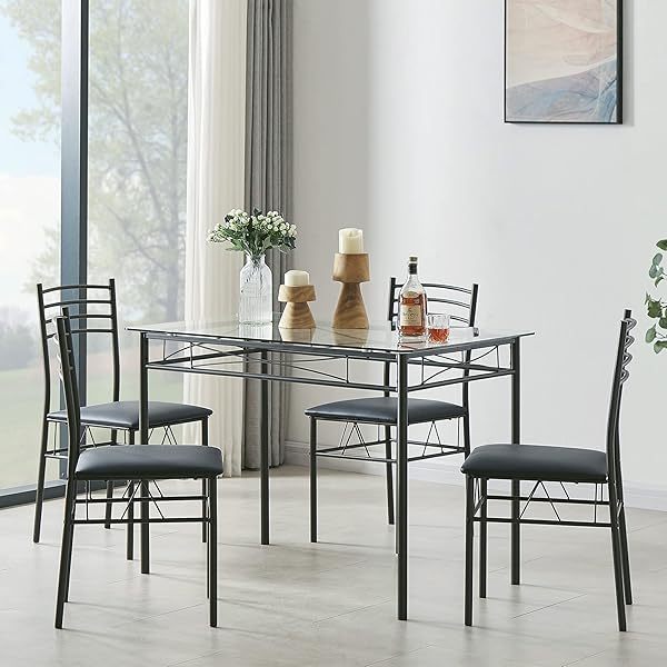 Mesa de comedor con 4 sillas [4 manteles individuales incluidos, negro, 43,3 x 27,5 x 30, 15,7 x 16,9 x 33,8] Juego de mesa de comedor negro para 4