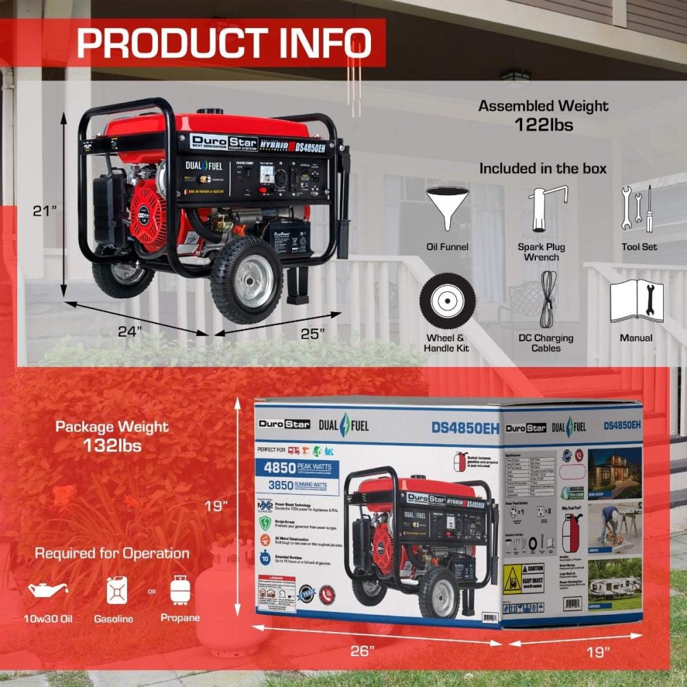 DS10000EH Generador portátil de Doble Combustible, 10000 W, Arranque eléctrico, Respaldo en casa y Listo para RV, Aprobado por 50 Estados, Rojo/Negro