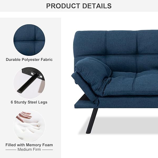 Sofá cama futón de espuma viscoelástica ajustable, sofá con respaldo convertible y reposabrazos, futón plegable, moderno futón cama para sala de estar, apartamento, oficina, habitación pequeña, sofá cama de 71 pulgadas, color negro