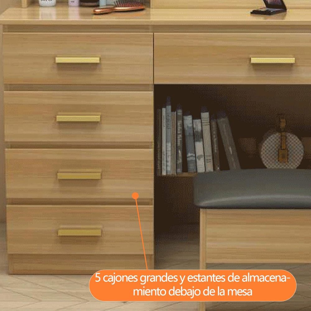 Tocador,Tocador de Maquillaje con Luces de Espejo, Vanity Tocador con 5 Cajones,Estantes de Almacenamiento,Taburete Acolchado, Tocador con 3 Estantes, Mesa de Maquillaje para Dormitorio Blanco