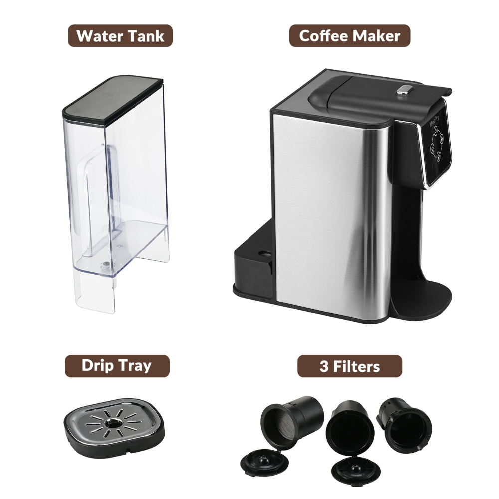 Cafetera monodosis 3 en 1, compatible con cápsulas en polvo, 120 V, depósito de agua de 50 oz, descalcificadora de té, color negro