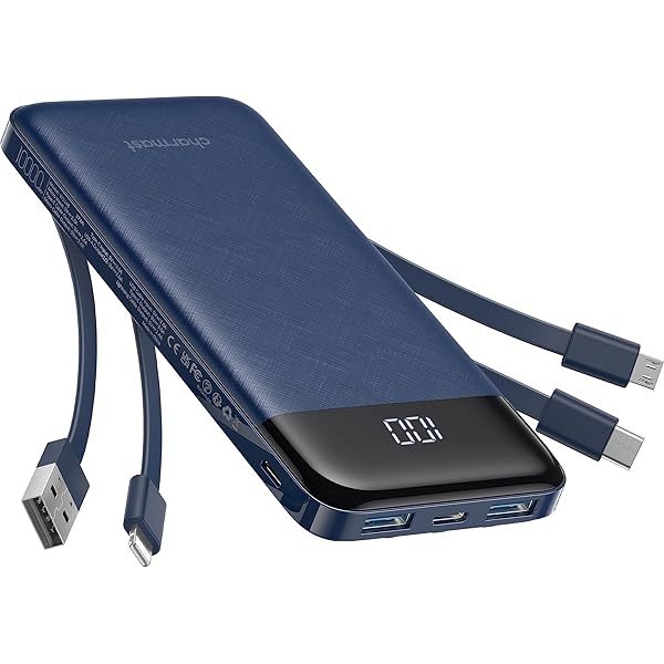 Portable Charger with Built in Cables, Portable Charger with Cords Wires Slim 10000mAh Travel Essentials Battery Pack 6 Outputs 3A High Speed Power Bank for iPhone Samsung Pixel LG Moto iPad A-Black
