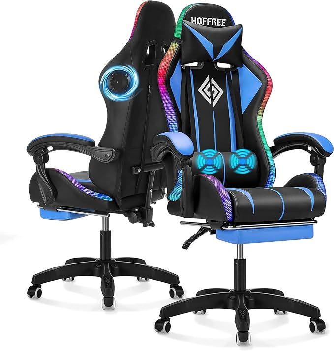 Silla para Juegos con Altavoces Bluetooth y Luces LED RGB, Silla ergonómica de Videojuegos de Masaje con reposapiés de Respaldo Alto con Soporte Lumbar Azul y Negro