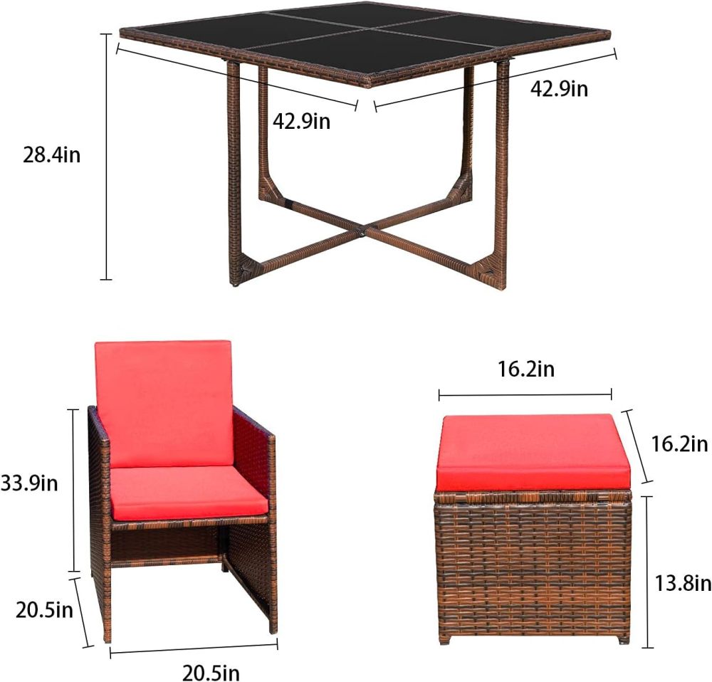 Devoko - Juego de 9 sillas de ratán para patio con mesa de vidrio y mesa de patio con asiento acolchado y parte trasera (beige)