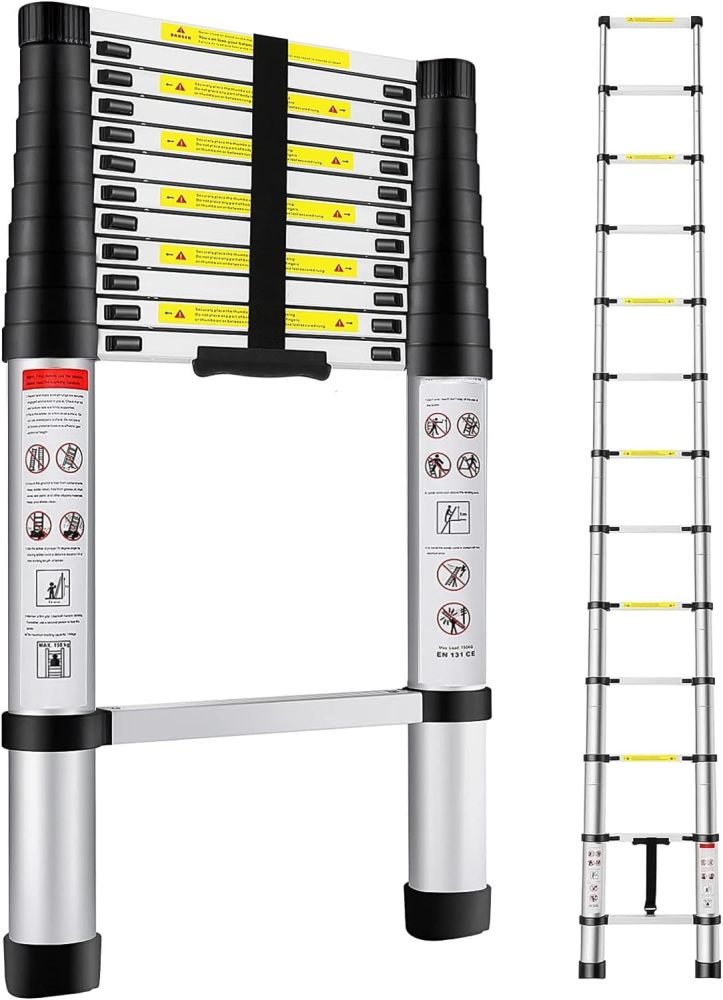 Escalera Telescópica de 3.8 Metros, Escalera de Telescópica de Aluminio Soporta 150 kg, Plegable De retracción Multiusos Extensible Compacta y Portátil De Escalón-Guantes antideslizantes anti