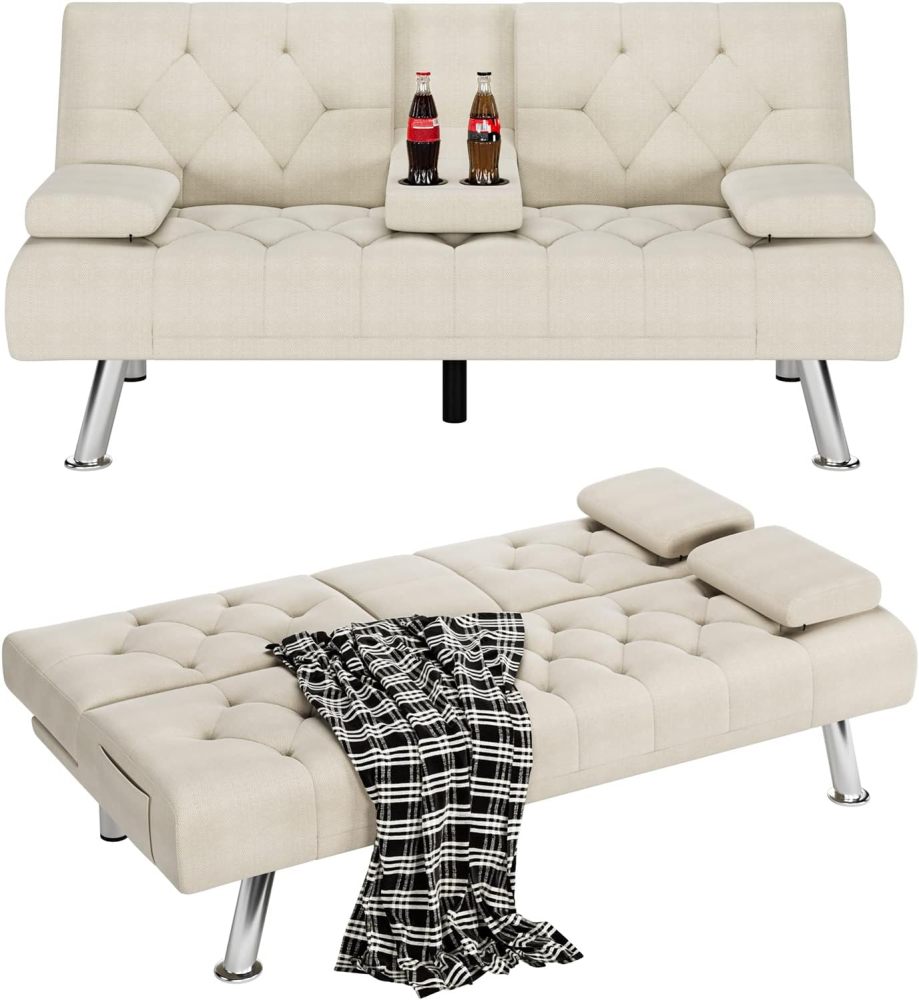 Sofá cama futón, sofá futón plegable convertible tapizado moderno, 2 portavasos, patas de metal
