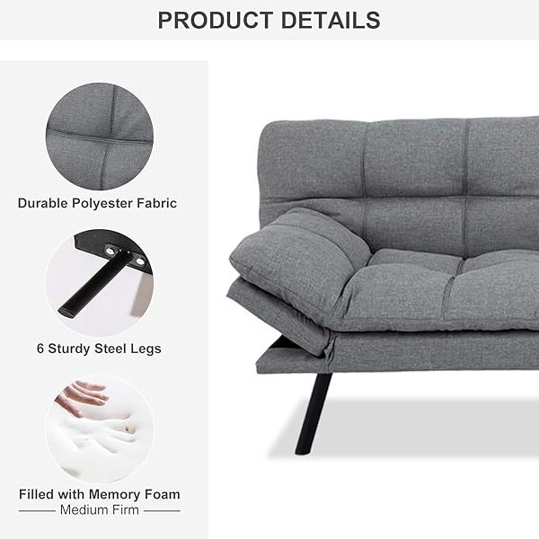 Sofá cama futón de espuma viscoelástica ajustable, sofá con respaldo convertible y reposabrazos, futón plegable, moderno futón cama para sala de estar, apartamento, oficina, habitación pequeña, sofá cama de 71 pulgadas, color negro
