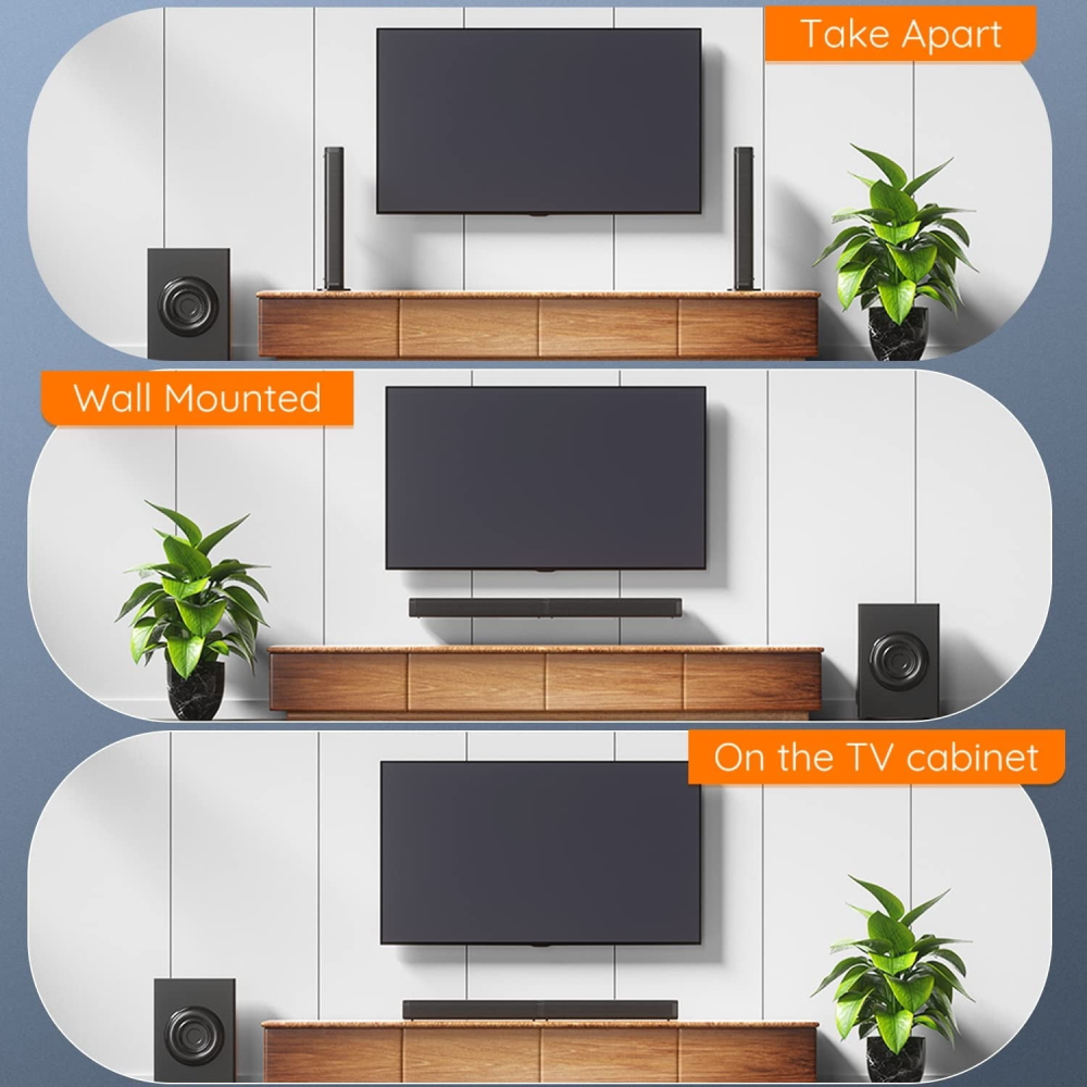 Barra de sonido con subwoofer, barras de sonido separables de 2.1 canales para TV, sonido envolvente 3D opcional, Bluetooth/HDMI-ARC/AUX