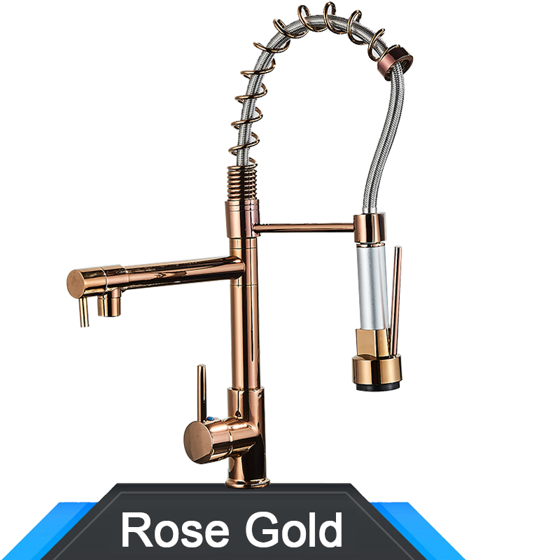 Grifo de cocina desplegable con resorte dorado y negro y rosa, mezclador de agua fría y caliente, grifo tipo grúa
