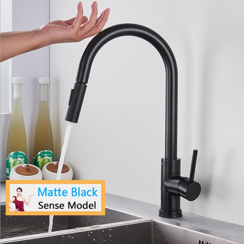 Grifo de cocina Smart Touch negro extraíble con sensor y rotación de 360 ​​grados, color negro y níquel