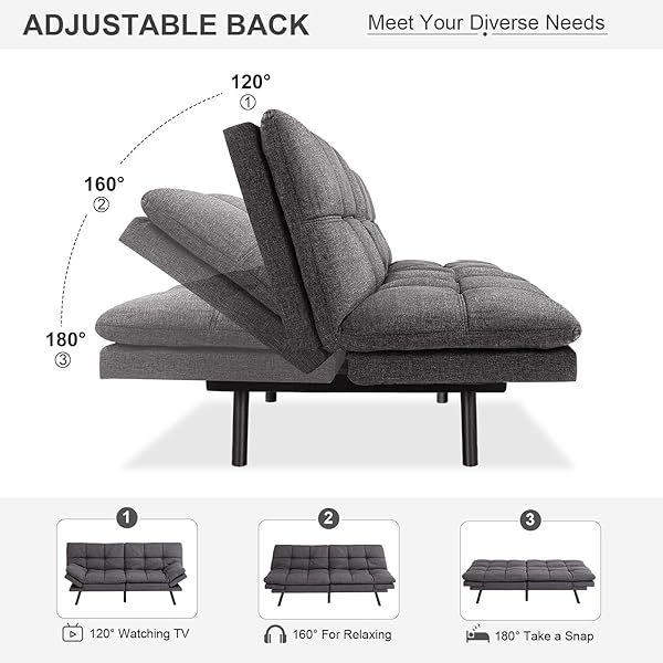 Sofá cama futón de espuma viscoelástica ajustable, sofá con respaldo convertible y reposabrazos, futón plegable, moderno futón cama para sala de estar, apartamento, oficina, habitación pequeña, sofá cama de 71 pulgadas, color negro