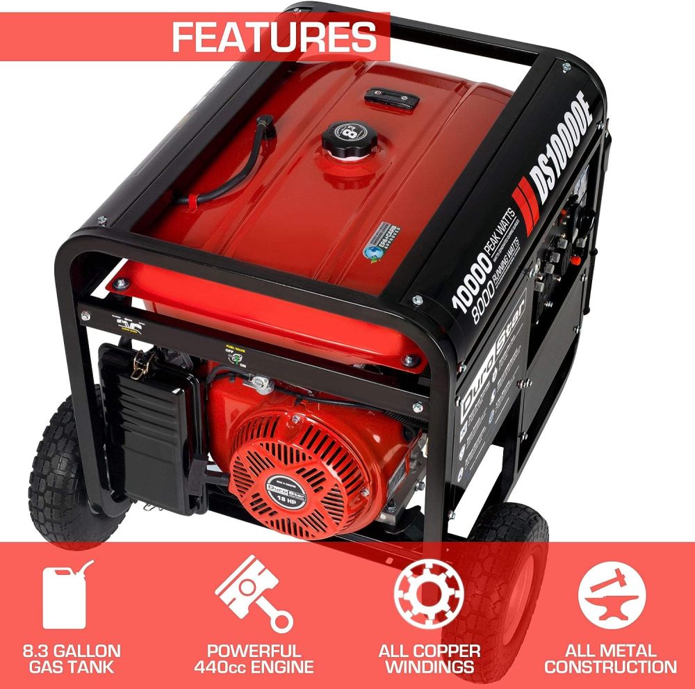 DS10000EH Generador portátil de Doble Combustible, 10000 W, Arranque eléctrico, Respaldo en casa y Listo para RV, Aprobado por 50 Estados, Rojo/Negro