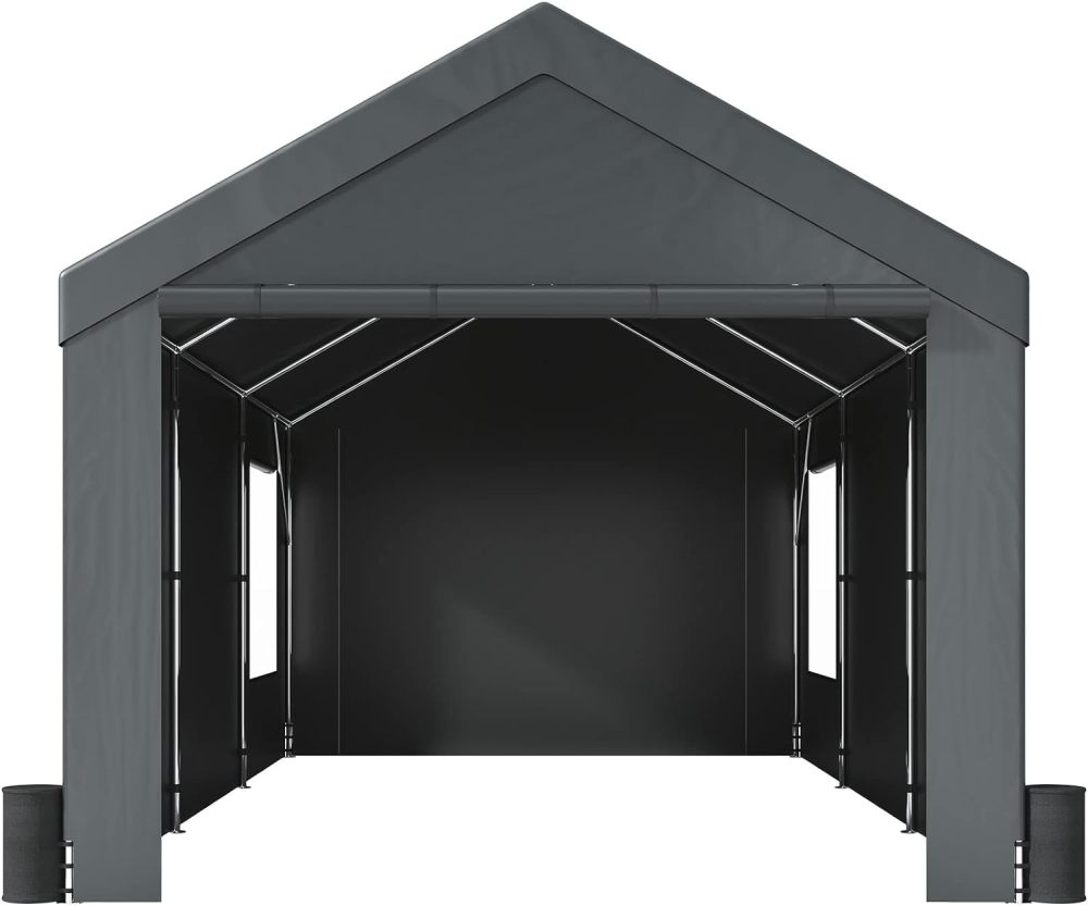 Carport - Toldo de Acero Resistente de 10 x 20 pies, cochera portátil con 4 Bolsas de Arena, Ventanas ventiladas enrollables y Pared Lateral extraíble, Lona para Todas Las Estaciones para