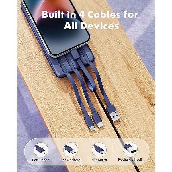 Portable Charger with Built in Cables, Portable Charger with Cords Wires Slim 10000mAh Travel Essentials Battery Pack 6 Outputs 3A High Speed Power Bank for iPhone Samsung Pixel LG Moto iPad A-Black
