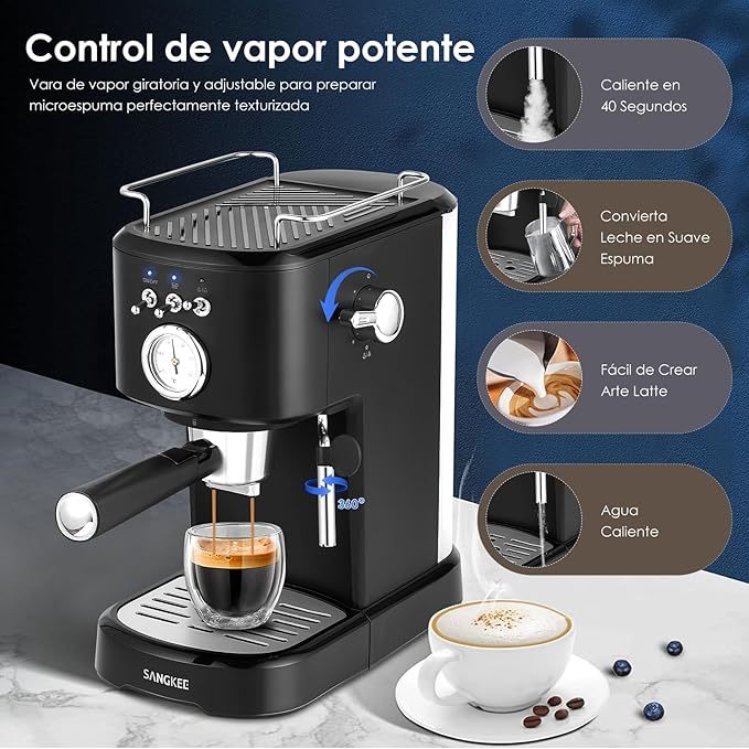 Máquina de Espresso y Capuchino 20 Bares, Cafetera Cápsulas y Café Molido con Espumador de Leche (ESS2)