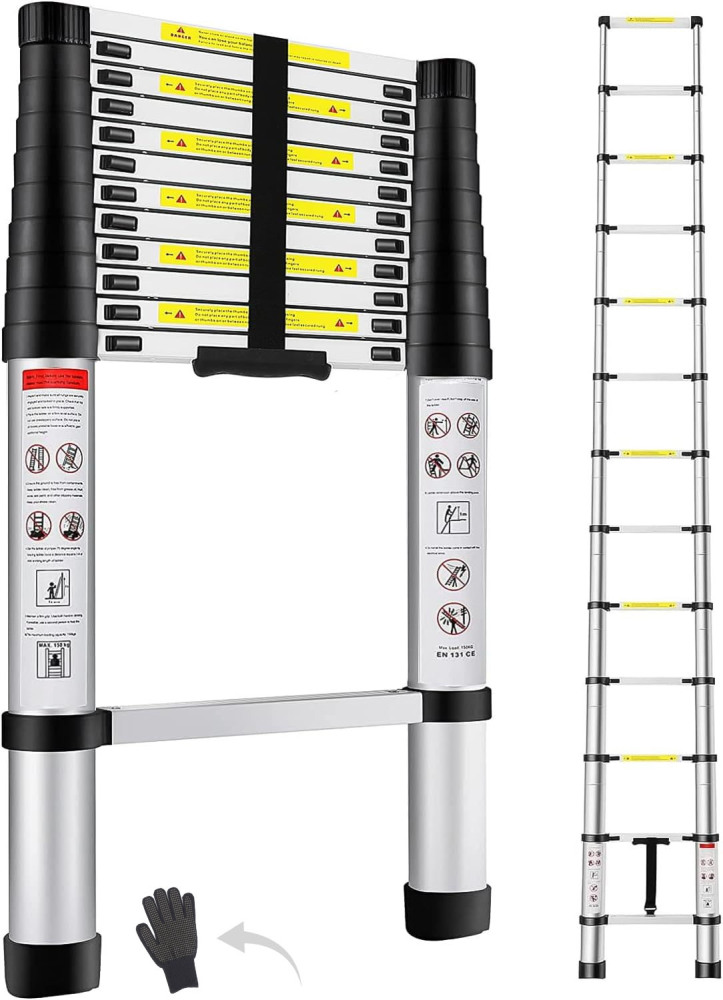 Escalera Telescópica de 3.8 Metros, Escalera de Telescópica de Aluminio Soporta 150 kg, Plegable De retracción Multiusos Extensible Compacta y Portátil De Escalón-Guantes antideslizantes anti