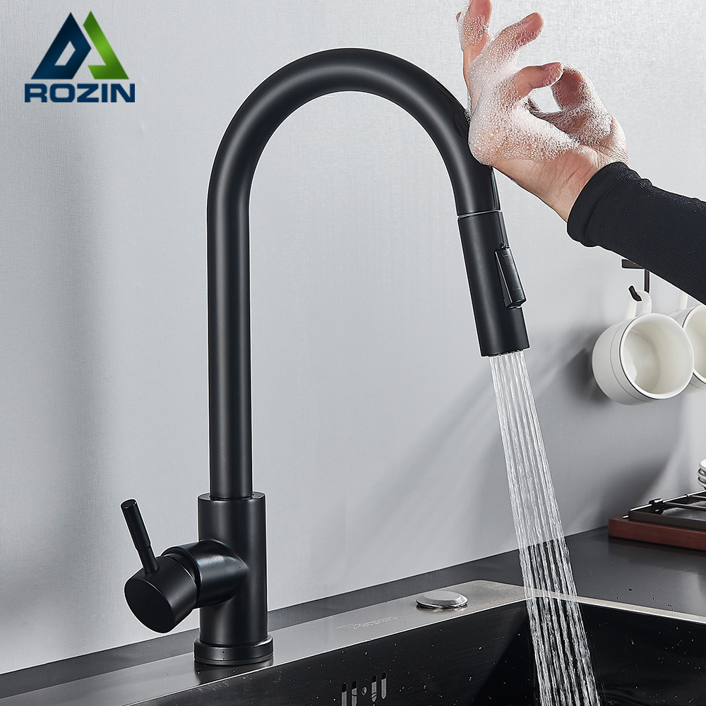 Grifo de cocina Smart Touch negro extraíble con sensor y rotación de 360 ​​grados, color negro y níquel