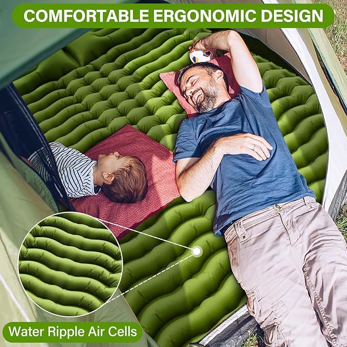 Almohadilla de dormir doble autoinflable de 4 pulgadas extra gruesa para 2 personas con almohada integrada con bomba de pie hinchable