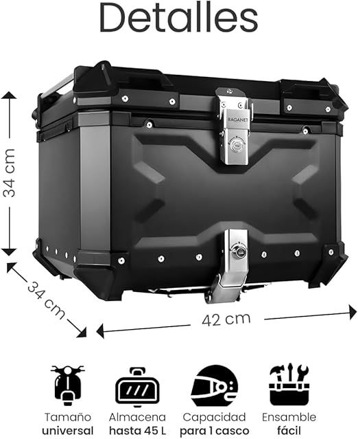 Cajuela Profesional para Motocicletas, Maletero de Moto con Interior Forrado de Vinil, Cerradura de Doble Bloqueo, Esquinas Reforzadas, Medidas: 42cm X 34cm, Incluye Material de Montaje