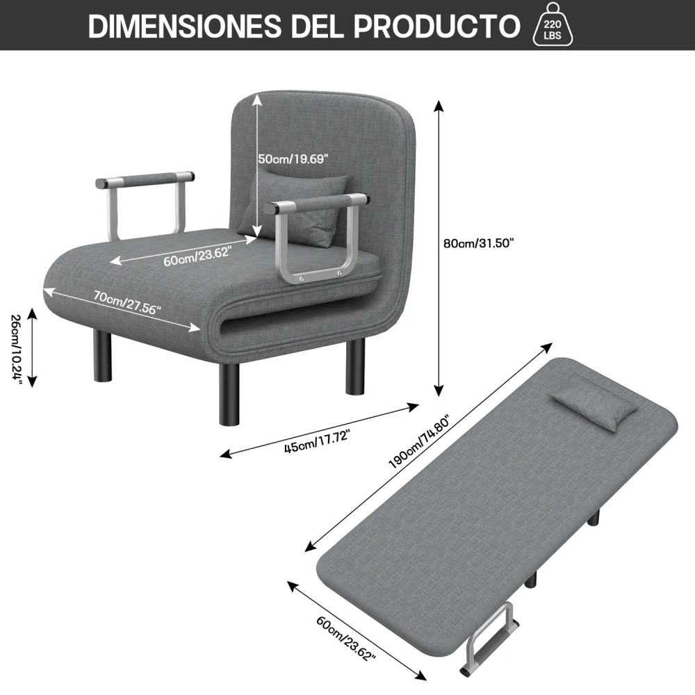Sillón Sofá Cama Plegable Gris