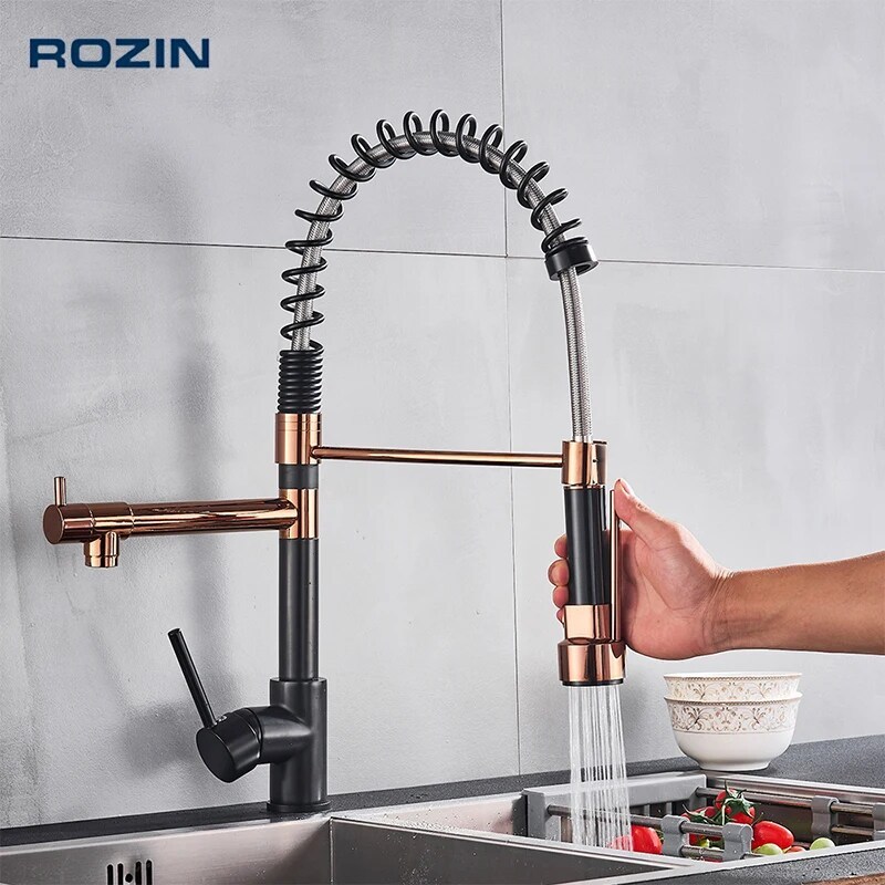 Grifo de cocina desplegable con resorte dorado y negro y rosa, mezclador de agua fría y caliente, grifo tipo grúa