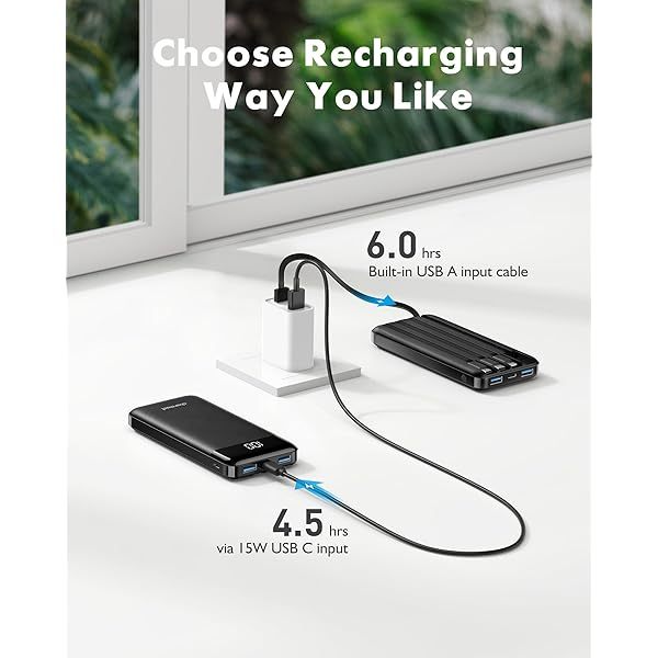 Portable Charger with Built in Cables, Portable Charger with Cords Wires Slim 10000mAh Travel Essentials Battery Pack 6 Outputs 3A High Speed Power Bank for iPhone Samsung Pixel LG Moto iPad A-Black