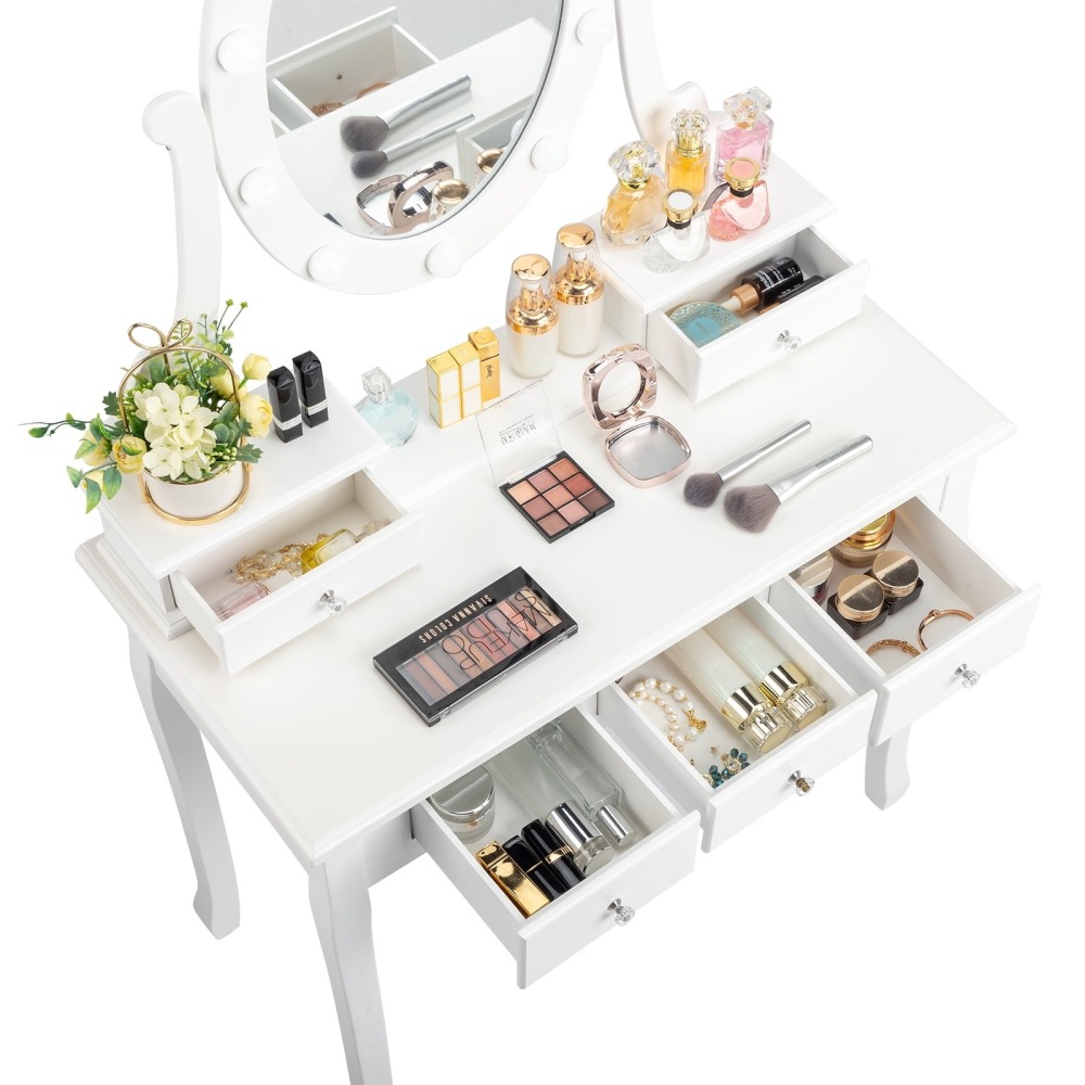 Tocador de Maquillaje con 10 Luces LED - Mesa de Vanity con 5 Cajones + Banco Acolchado - Juego Blanco para Dormitorio