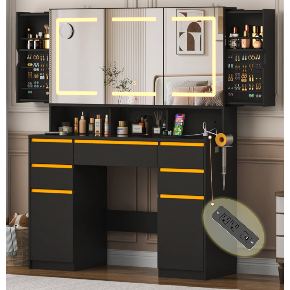 Tocador grande de 47" con espejo con luz LED, toma de corriente y 7 cajones, juego de tocador con taburete de almacenamiento y soporte para secador de pelo.