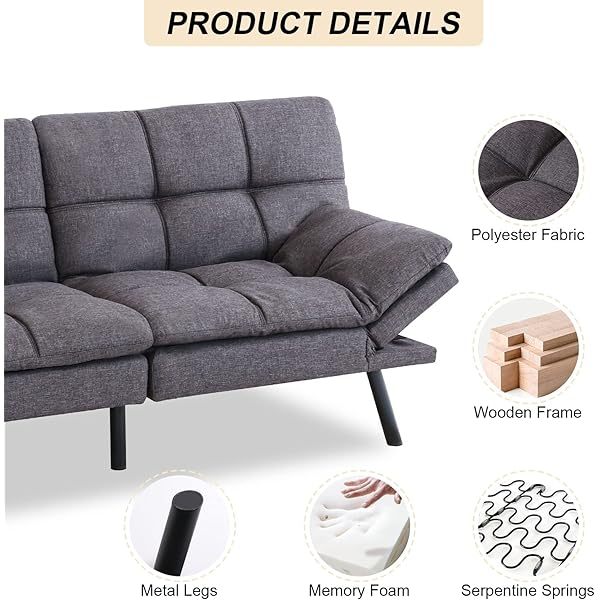 Opoiar Futon Couch,Convertible Futon Sofa Bed,Memory Foam Sleeper Sofa,Adjustable Modern Loveseat,Futon Sets, Sofa Bed for Compact Living Room,Apartment,Office,Grey