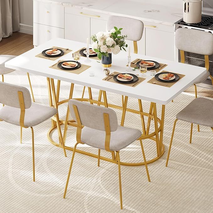 Mesa de Comedor Moderna para 6 a 8 Personas, Mesa de Cocina grande de 70.3 Pulgadas con Mesa de mármol sintético y Patas geométricas Doradas, Mesa de Comedor de Madera para reuniones