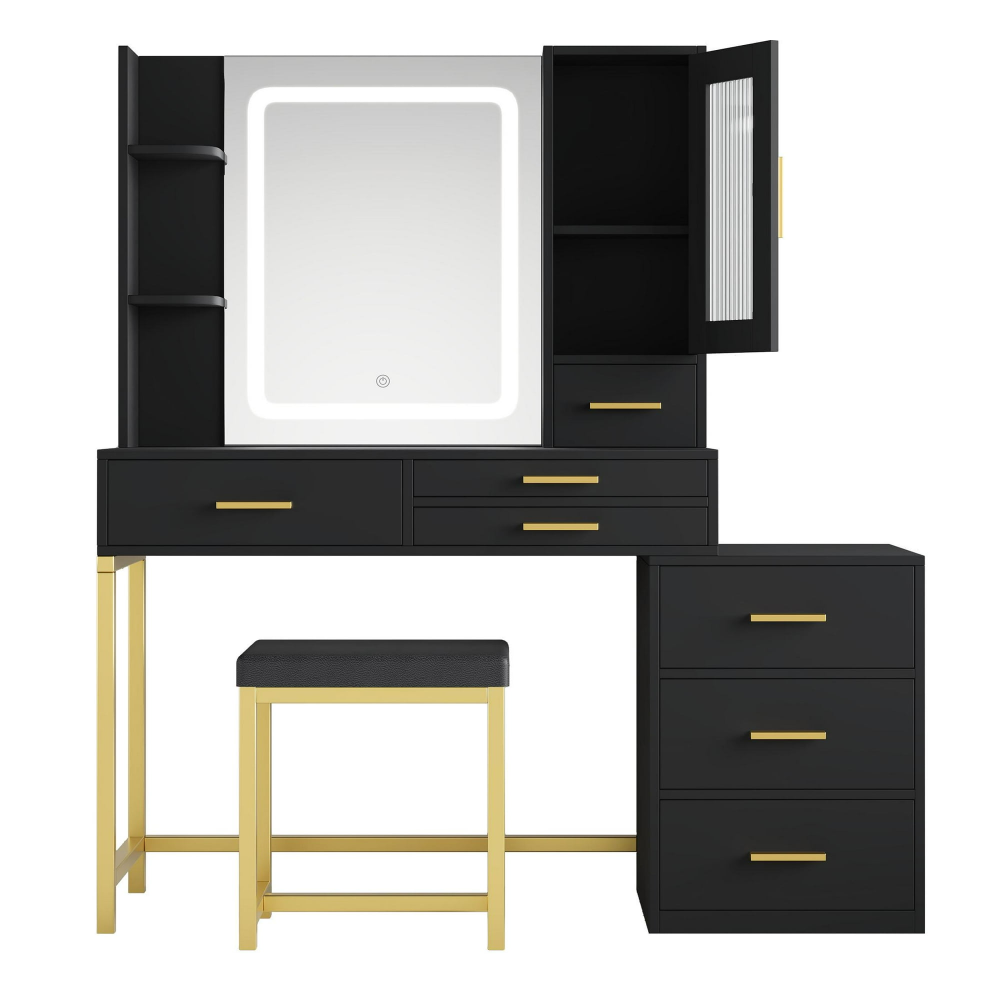 Juego de mesa de comedor para 4, mesa de comedor de 43,3" con 4 sillas tapizadas de cuero sintético, juego de tocador para maquillaje