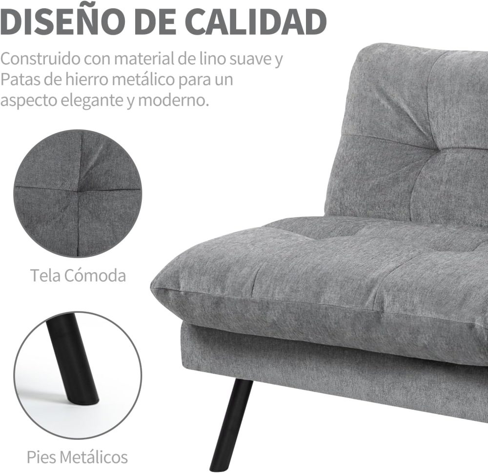 Sofá Cama de 2 Plazas, Sofá de Dos Usos Futon de Estilo Moderno, con Respaldo Doble Ajustable de 120 a 180 Grados, Salas de Estar y Dormitorios, Tela de Lino, Gris