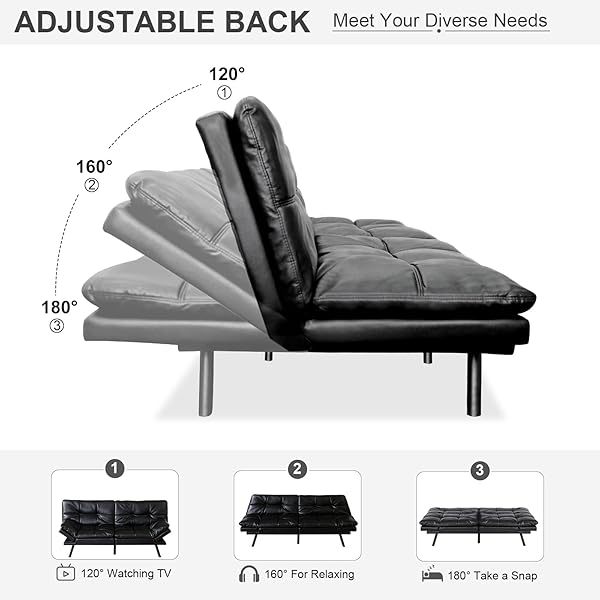 Sofá cama futón de espuma viscoelástica ajustable, sofá con respaldo convertible y reposabrazos, futón plegable, moderno futón cama para sala de estar, apartamento, oficina, habitación pequeña, sofá cama de 71 pulgadas, color negro