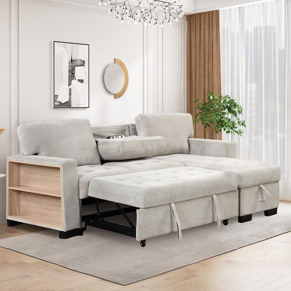 Sofá seccional convertible, sofá cama extraíble con 3 almohadas y 2 puertos USB