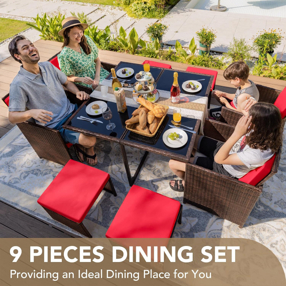 Devoko - Juego de 9 sillas de ratán para patio con mesa de vidrio y mesa de patio con asiento acolchado y parte trasera (beige)