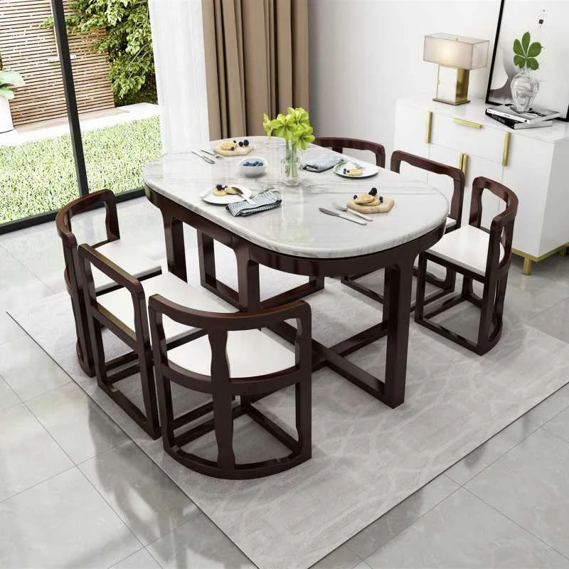 Mesa de comedor de madera maciza de mármol para 6 personas