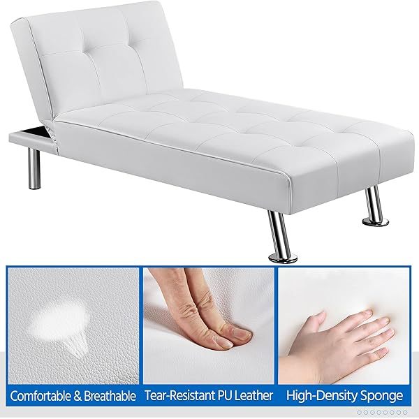 Sofá cama convertible de piel sintética, sofá futón, sofá reclinable moderno, sofá cama con patas de metal cromado