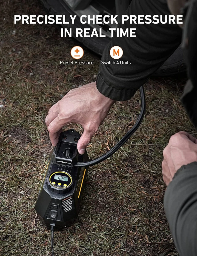 Inflador de Llantas Digital Automatico, Compresor de Aire Portatil para Auto 12V con Bomba Electrico con Pantalla LCD, Luz LED, Kit de Adaptadores y Fusible AMARILLO