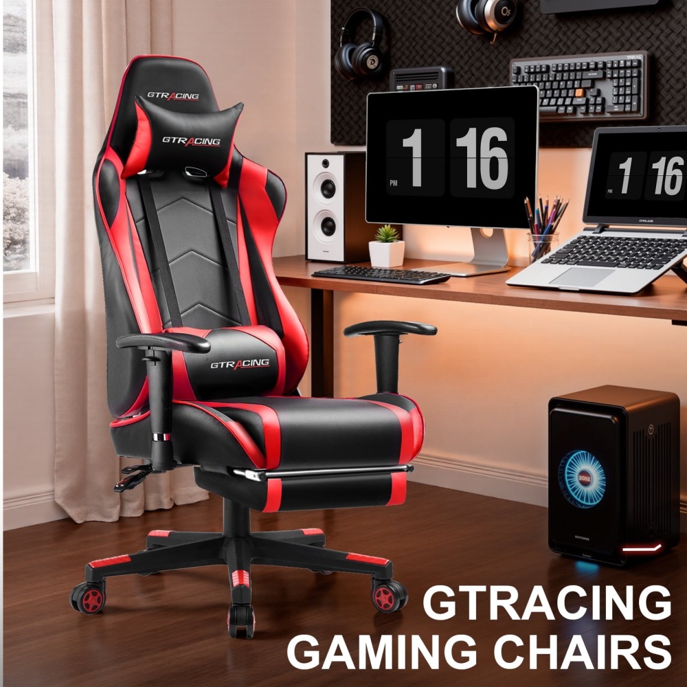 Silla gaming, silla ergonómica de escritorio con soporte lumbar, cuero sintético, reposapiés y reposacabezas ajustable.