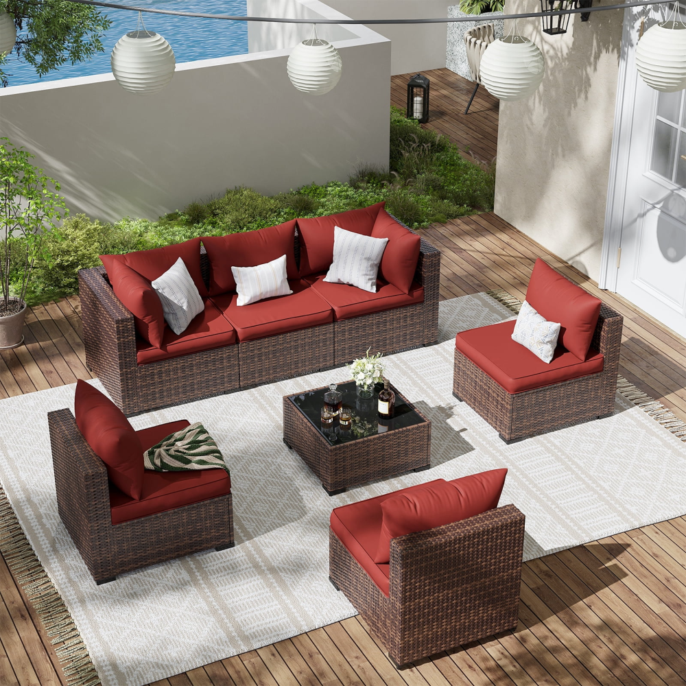 Juego de muebles de patio de 7 piezas, sofá seccional para exteriores para todo tipo de clima