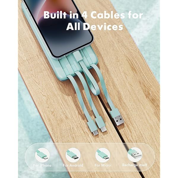 Portable Charger with Built in Cables, Portable Charger with Cords Wires Slim 10000mAh Travel Essentials Battery Pack 6 Outputs 3A High Speed Power Bank for iPhone Samsung Pixel LG Moto iPad A-Black