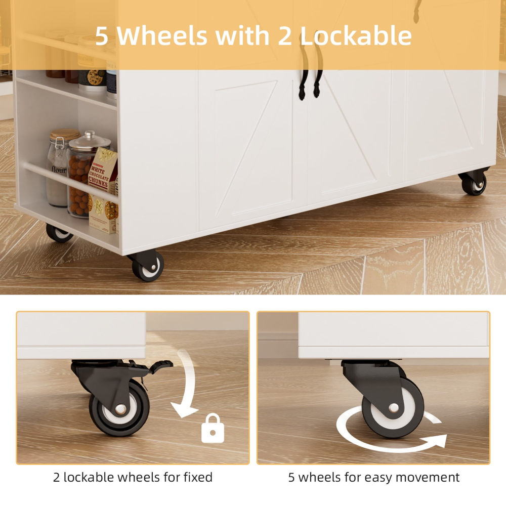 Carrito de cocina con isla de 41,3" con ruedas, tablero abatible y espacio de almacenamiento, color blanco