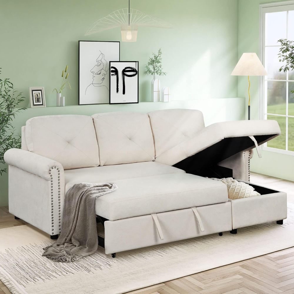 Sofá seccional convertible, sofá cama extraíble con 3 almohadas y 2 puertos USB
