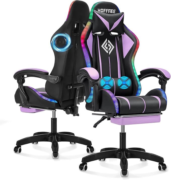 Silla para Juegos con Altavoces Bluetooth y Luces LED RGB, Silla ergonómica de Videojuegos de Masaje con reposapiés de Respaldo Alto con Soporte Lumbar Azul y Negro